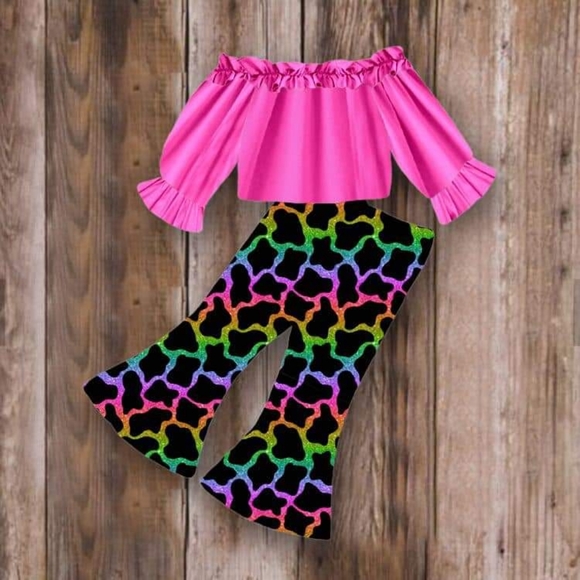 Cuteness Everywhere Other - NEW 2 PIECE NEON COW PRINT BELL PANTS SET